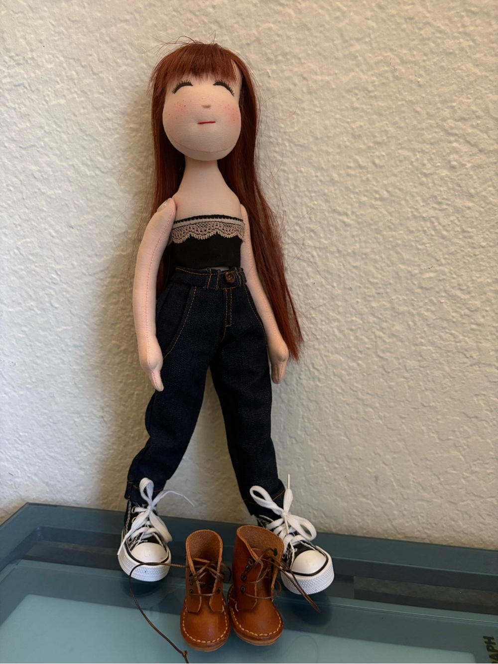 Handmade Brown-Haired Cloth Doll with Black Outfit - Picture 2 of 13